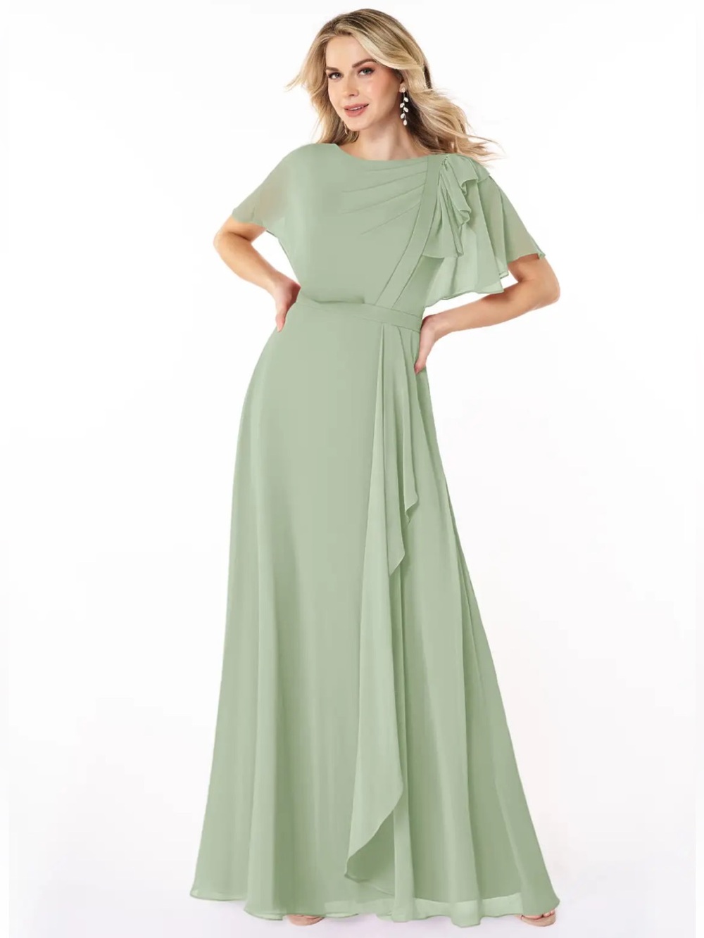 Azazie Aaliyah A-Line Scoop Pleated Chiffon Floor-Length Maxi Dress Dust Sage